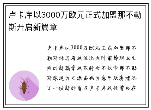 卢卡库以3000万欧元正式加盟那不勒斯开启新篇章